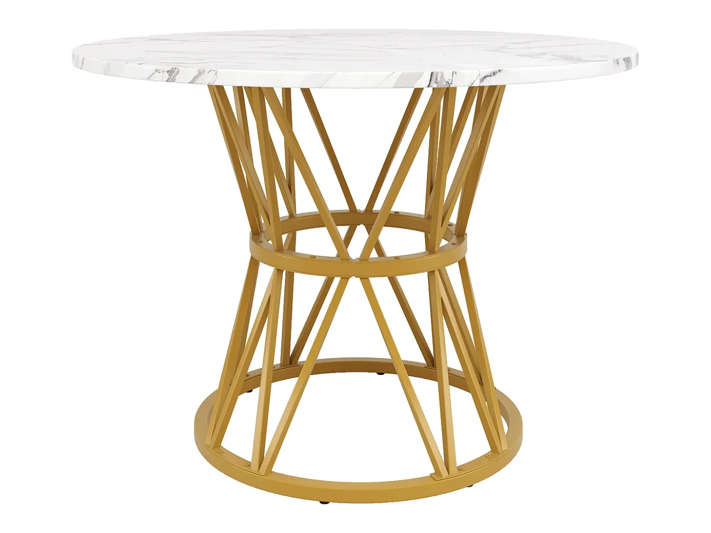 Mesa de comedor redonda 100x100x76cm para 4 personas con tapa chapada en mármol blanco, estructura de metal dorado