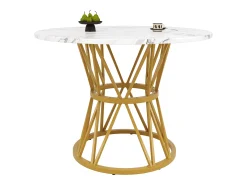 Mesa de comedor redonda 100x100x76cm para 4 personas con tapa chapada en mármol blanco, estructura de metal dorado