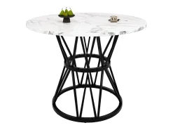 Mesa de comedor redonda 100x100x76cm para 4 personas con tapa chapada en mármol blanco, estructura de metal negro