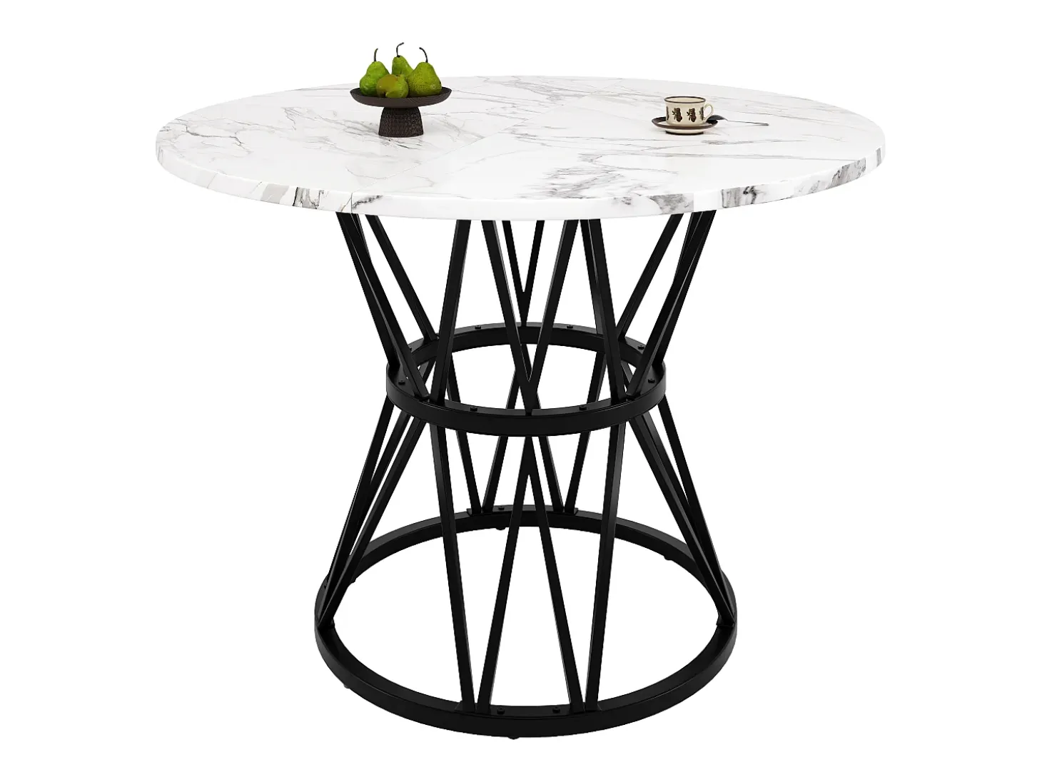 Mesa de comedor redonda 100x100x76cm para 4 personas con tapa chapada en mármol blanco, estructura de metal negro