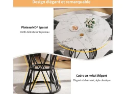 Mesa de comedor redonda 100x100x76cm para 4 personas con tapa chapada en mármol blanco, estructura de metal negro