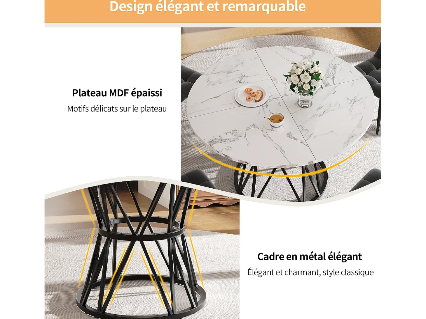 Mesa de comedor redonda 100x100x76cm para 4 personas con tapa chapada en mármol blanco, estructura de metal negro