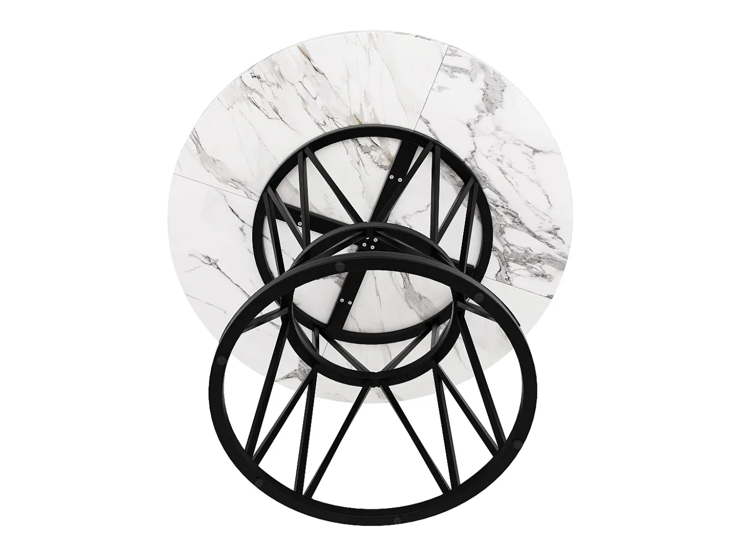 Mesa de comedor redonda 100x100x76cm para 4 personas con tapa chapada en mármol blanco, estructura de metal negro