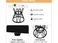 Mesa de comedor redonda 100x100x76cm para 4 personas con tapa chapada en mármol blanco, estructura de metal negro