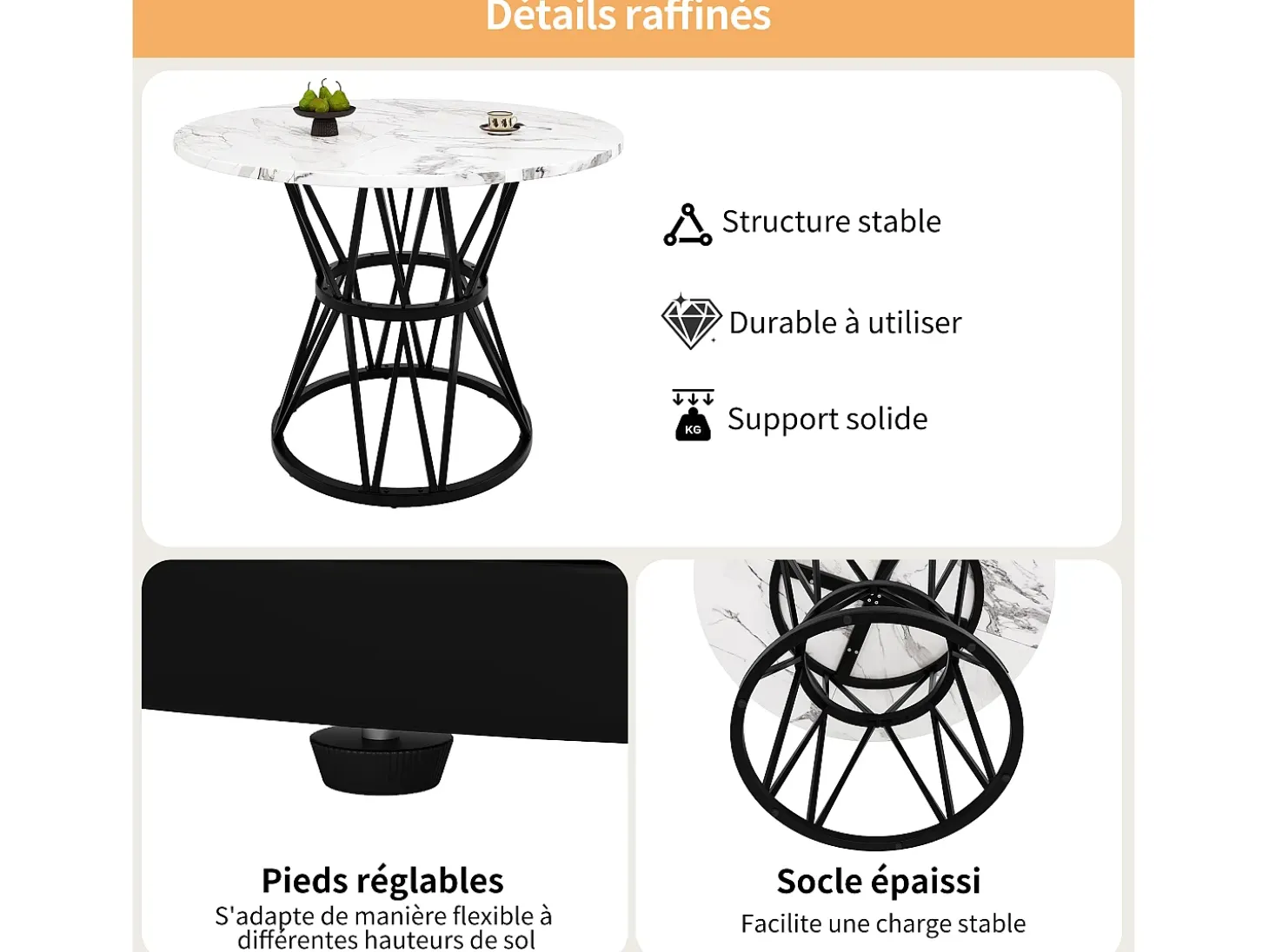 Mesa de comedor redonda 100x100x76cm para 4 personas con tapa chapada en mármol blanco, estructura de metal negro