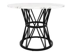 Mesa de comedor redonda 100x100x76cm para 4 personas con tapa chapada en mármol blanco, estructura de metal negro