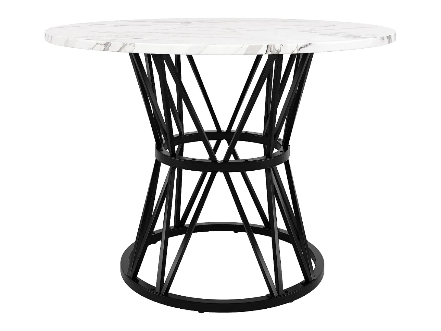 Mesa de comedor redonda 100x100x76cm para 4 personas con tapa chapada en mármol blanco, estructura de metal negro