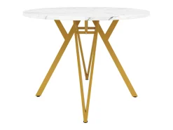 Mesa de comedor redonda 100x100x76cm con tapa chapada en mármol blanco, patas regulables de metal dorado