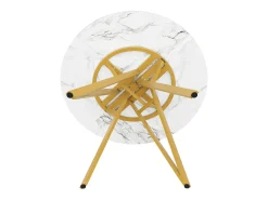 Mesa de comedor redonda 100x100x76cm con tapa chapada en mármol blanco, patas regulables de metal dorado