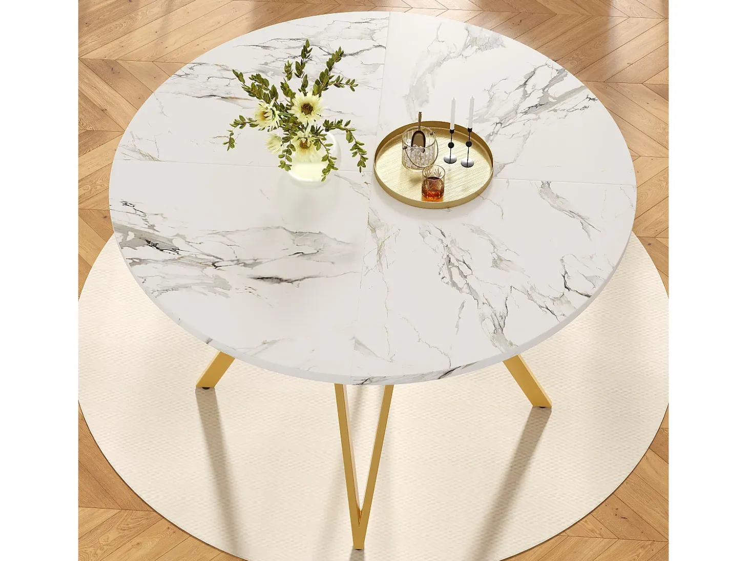 Mesa de comedor redonda 100x100x76cm con tapa chapada en mármol blanco, patas regulables de metal dorado