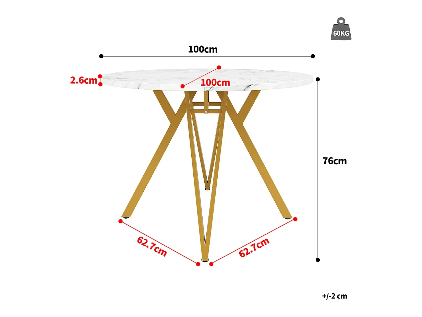 Mesa de comedor redonda 100x100x76cm con tapa chapada en mármol blanco, patas regulables de metal dorado