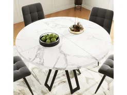 Mesa de comedor redonda (100x100x76cm), de lujo, para 4-6 personas, MDF efecto mármol.