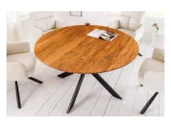 Mesa de comedor SOLARA 130 cm – Tablero redondo de acacia maciza y patas de metal negro – Estilo industrial chic