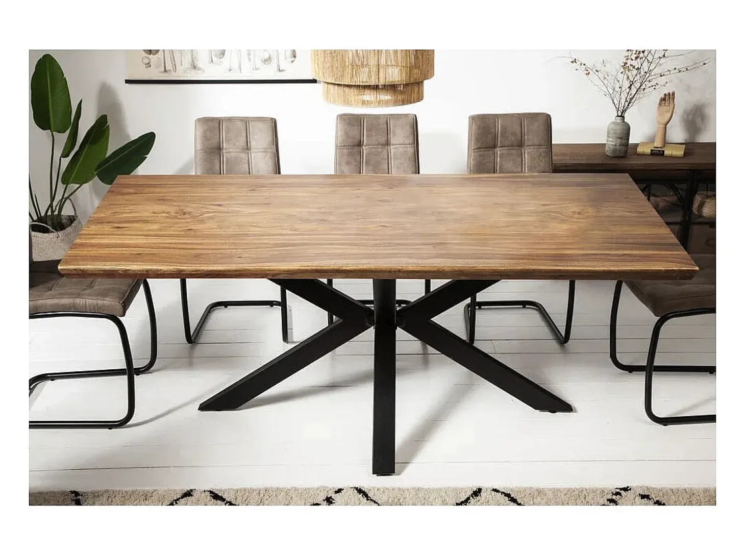 Mesa de comedor SOLARA – Rectangular 180 cm – Madera maciza Sheesham y metal – Estilo industrial