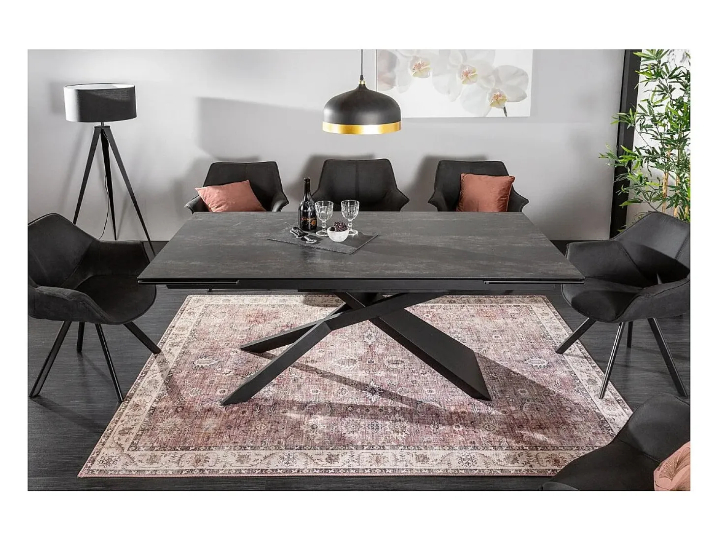 Mesa de comedor STELIX – Extensible de 180 a 260 cm – Estructura de metal y superficie de vidrio templado y cerámica