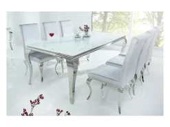 Mesa de comedor VELENA – Acero plateado y vidrio opalino – 200 cm – Estilo barroco moderno
