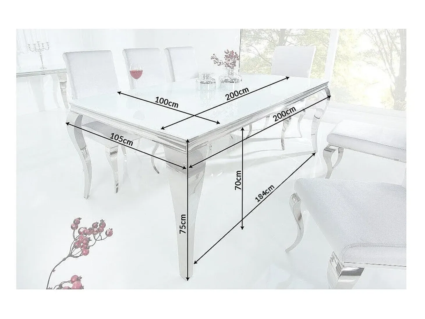 Mesa de comedor VELENA – Acero plateado y vidrio opalino – 200 cm – Estilo barroco moderno