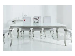 Mesa de comedor VELENA – Acero plateado y vidrio opalino – 200 cm – Estilo barroco moderno