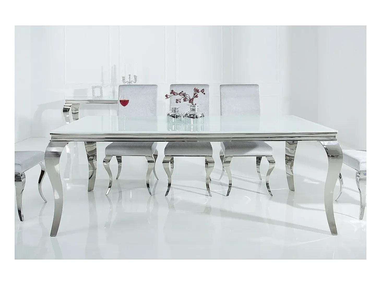 Mesa de comedor VELENA – Acero plateado y vidrio opalino – 200 cm – Estilo barroco moderno