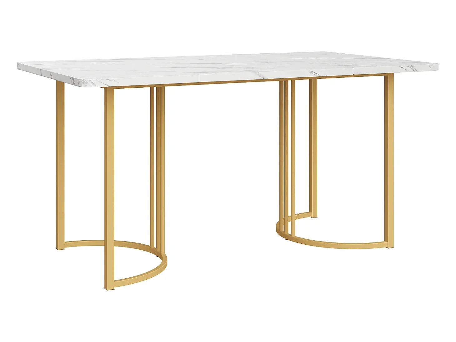 Mesa de comedor 140x80x75 cm, de metal, rectangular en mármol moderno, patas ajustables, color blanco/oro.