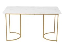 Mesa de comedor 140x80x75 cm, de metal, rectangular en mármol moderno, patas ajustables, color blanco/oro.