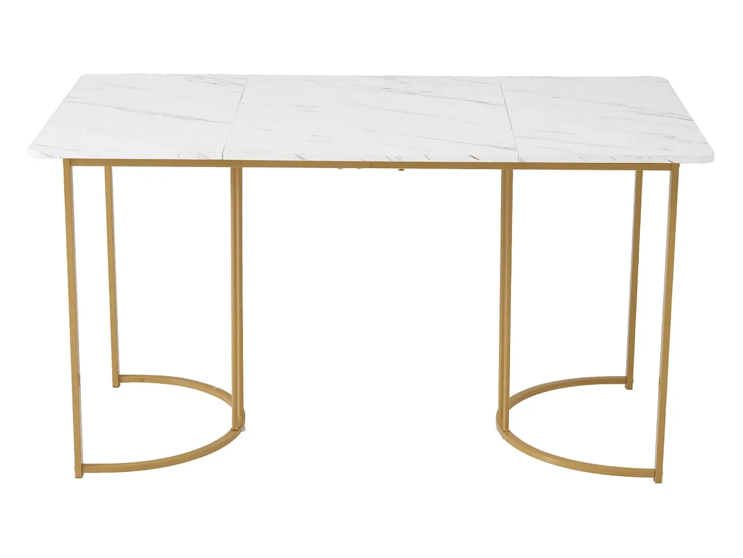 Mesa de comedor 140x80x75 cm, de metal, rectangular en mármol moderno, patas ajustables, color blanco/oro.