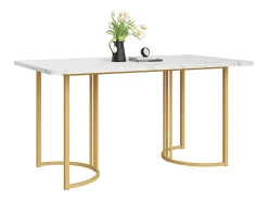 Mesa de comedor 140x80x75 cm, de metal, rectangular en mármol moderno, patas ajustables, color blanco/oro.