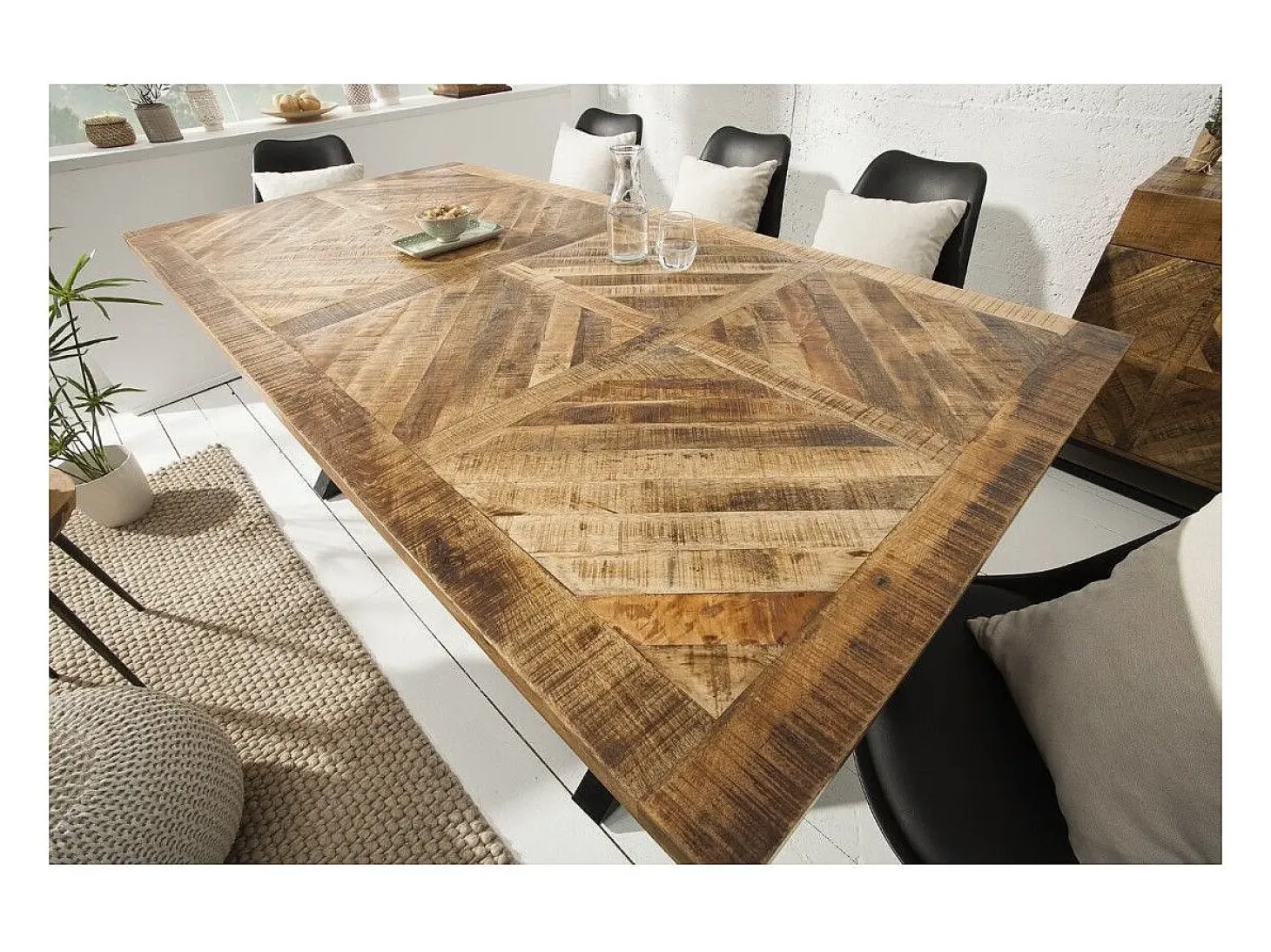 Mesa de comedor ZAREL 160 cm – Tablero de madera maciza de mango y metal negro