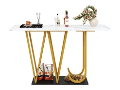 Mesa de entrada - 120 x 29,5 x 80 cm - mesa de comedor de madera - tablero efecto mármol - MDF + metal - blanco