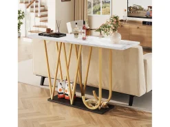 Mesa de entrada - 120 x 29,5 x 80 cm - mesa de comedor de madera - tablero efecto mármol - MDF + metal - blanco