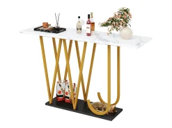 Mesa de entrada - 120 x 29,5 x 80 cm - mesa de comedor de madera - tablero efecto mármol - MDF + metal - blanco
