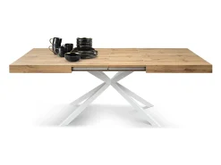 Mesa de madera, acabado roble, base en X de metal blanco, 180×90–260×90 - CAMAIORE