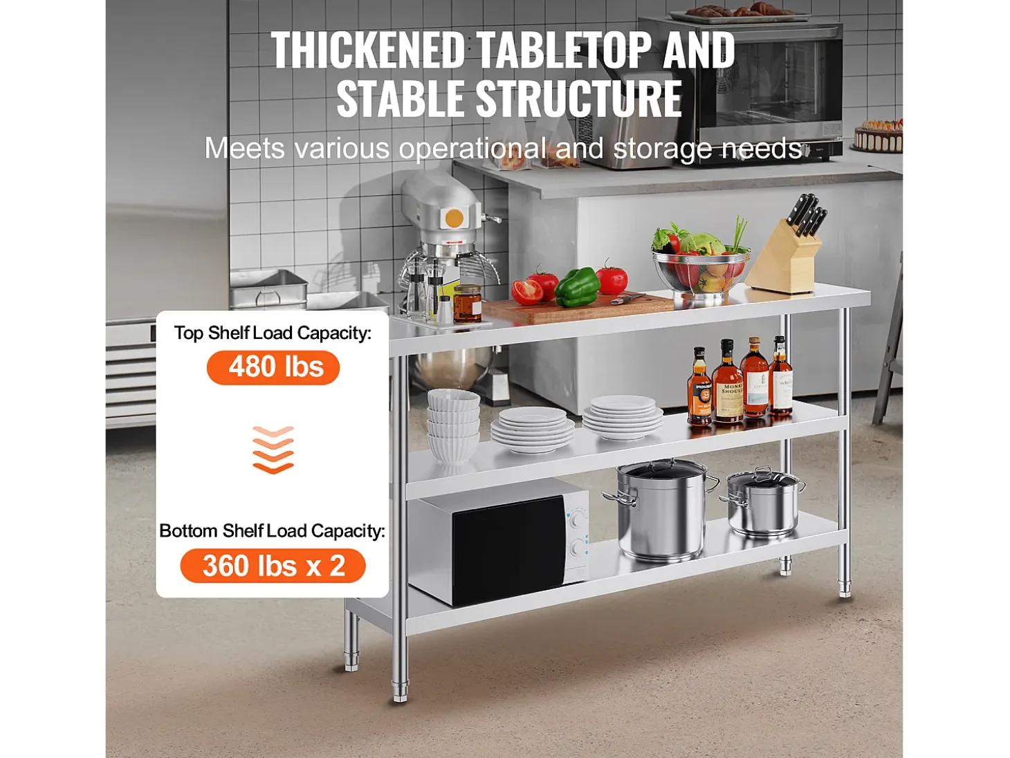 Mesa de Trabajo de Acero Inoxidable SucceBuy, 356 x 1524 x 864 mm, Mesa de Preparación para Cocinas Comerciales
