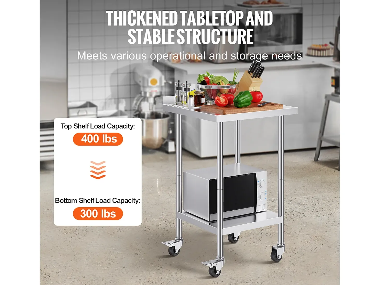 Mesa de Trabajo de Acero Inoxidable SucceBuy, 61 x 61 cm, Mesa de Preparación de Alimentos Comercial con Ruedas