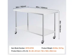 Mesa de Trabajo de Cocina SucceBuy 76 x 152 cm, Mesa de Trabajo en Acero Inoxidable con 4 Ruedas