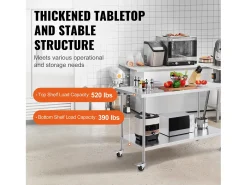 Mesa de Trabajo de Cocina SucceBuy 76 x 152 cm, Mesa de Trabajo en Acero Inoxidable con 4 Ruedas