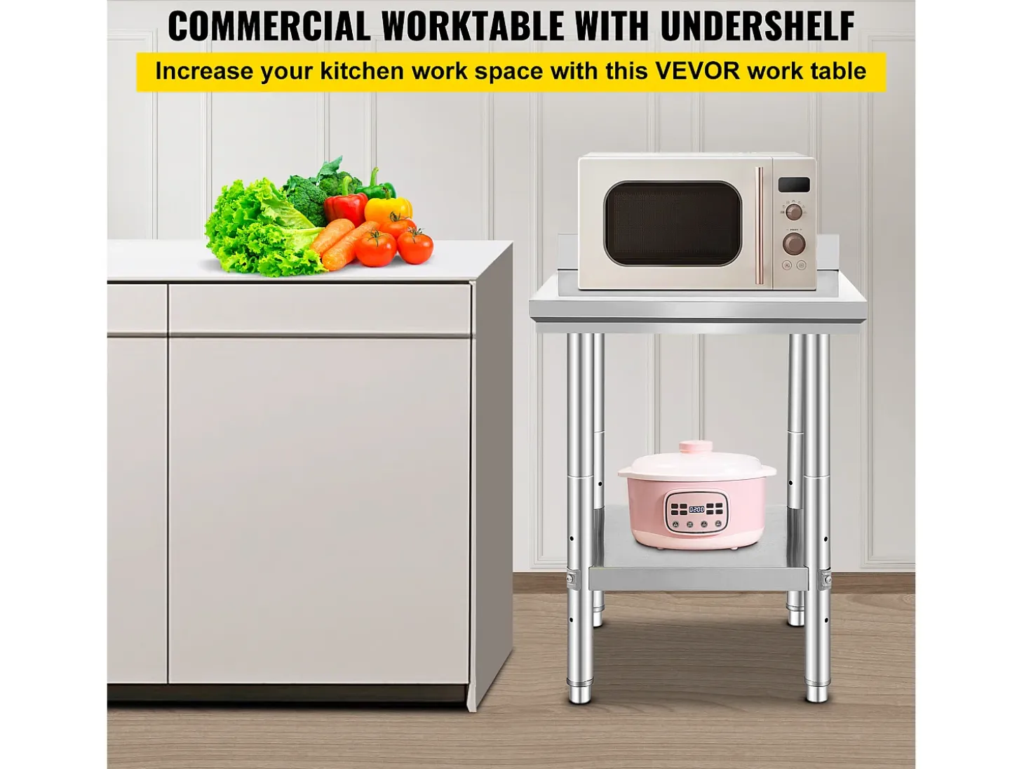 Mesa de Trabajo de Cocina en Acero Inoxidable SucceBuy, Mesa de Preparación de Alimentos 60.96x60.96 cm