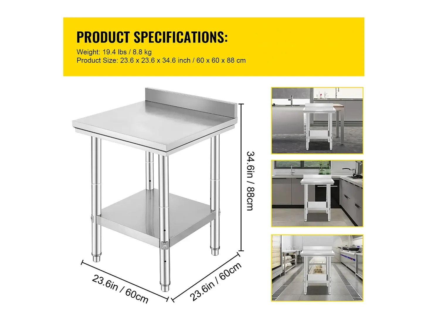 Mesa de Trabajo de Cocina en Acero Inoxidable SucceBuy, Mesa de Preparación de Alimentos 60.96x60.96 cm