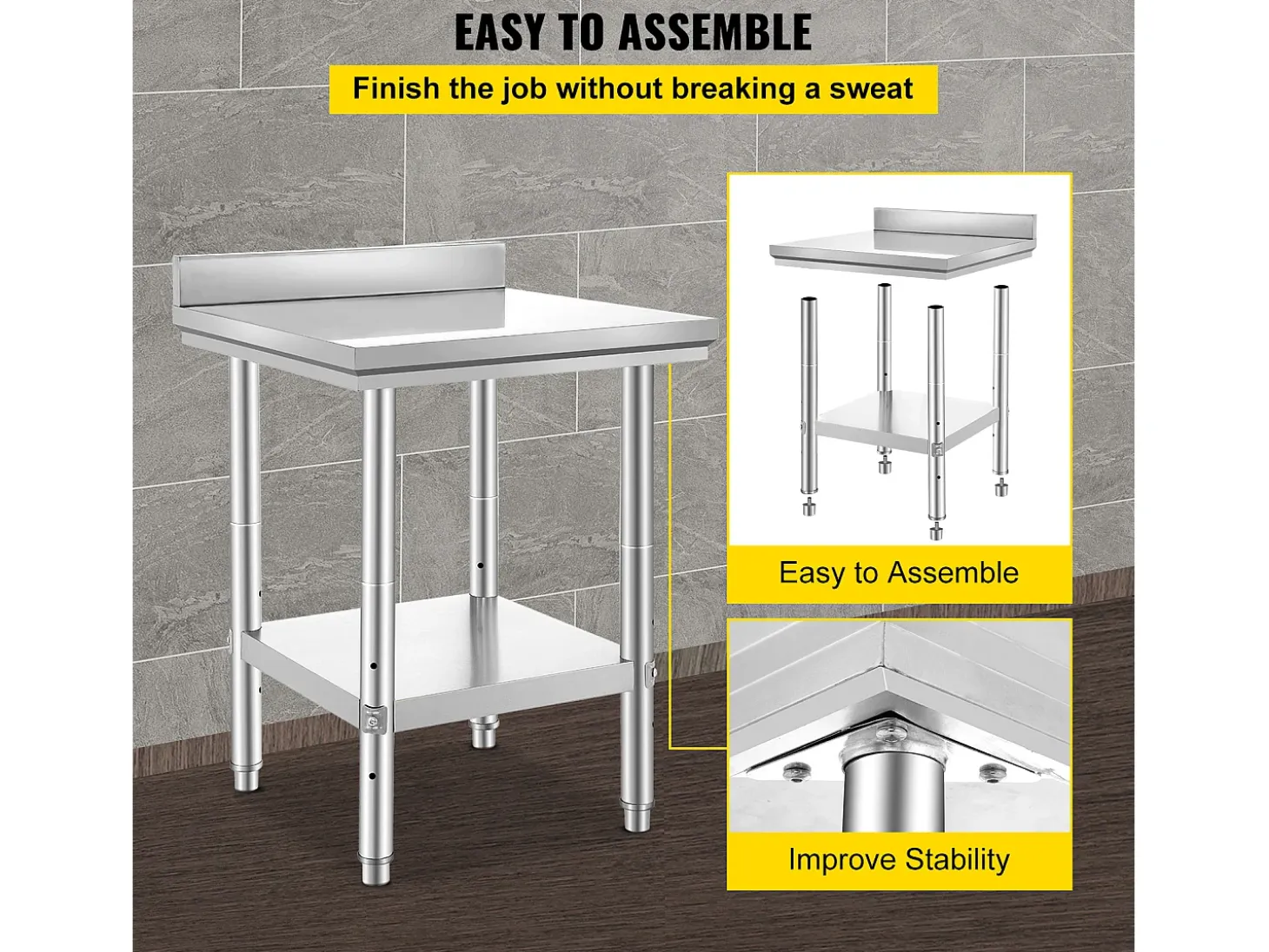 Mesa de Trabajo de Cocina en Acero Inoxidable SucceBuy, Mesa de Preparación de Alimentos 60.96x60.96 cm
