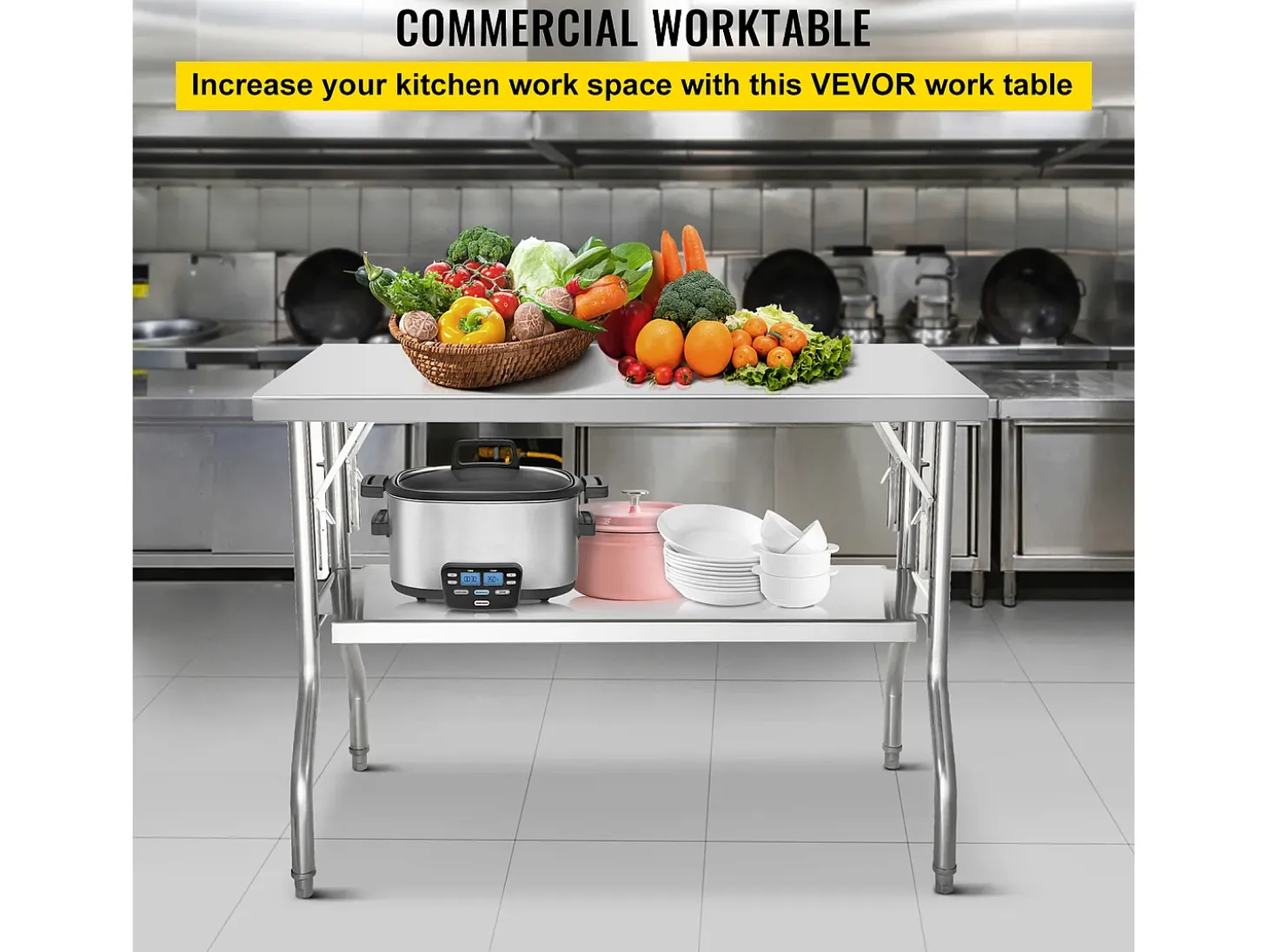 Mesa de Trabajo de Cocina SucceBuy 121.92x60.96 cm Acero Inoxidable, Mesa de Preparación Comercial Plegable