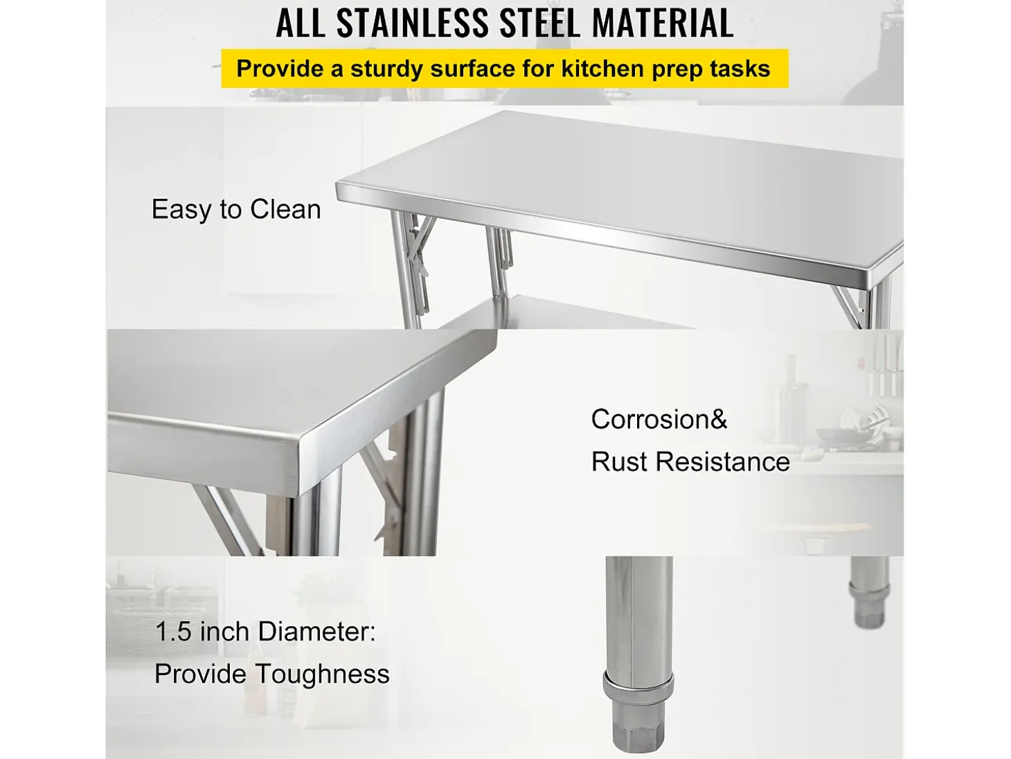 Mesa de Trabajo de Cocina SucceBuy 121.92x60.96 cm Acero Inoxidable, Mesa de Preparación Comercial Plegable