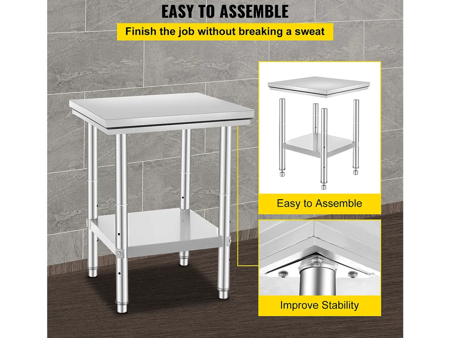 Mesa de Trabajo de Cocina SucceBuy, Mesa de Preparación en Acero Inoxidable, 60.96x60.96x78.74 cm