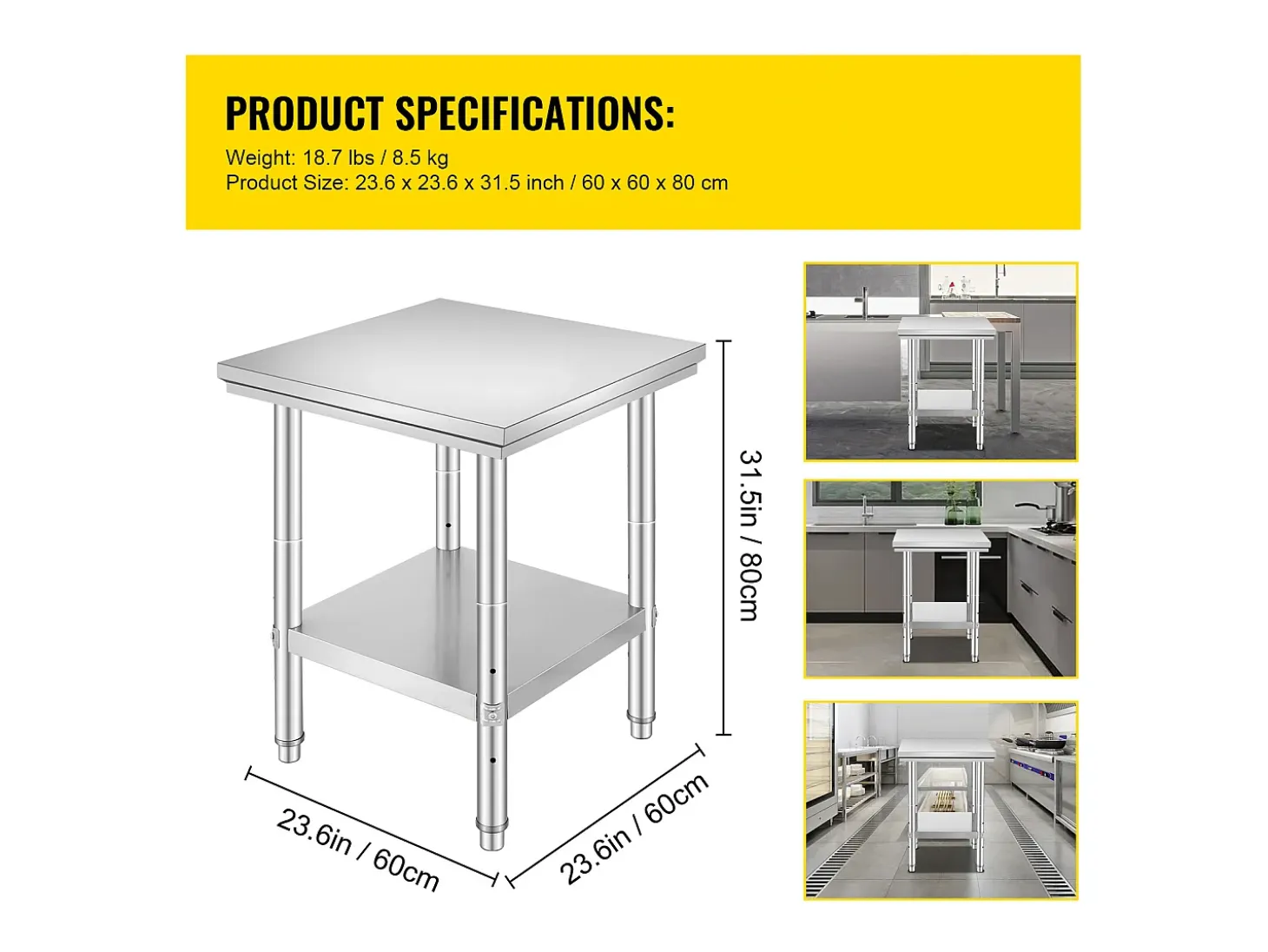 Mesa de Trabajo de Cocina SucceBuy, Mesa de Preparación en Acero Inoxidable, 60.96x60.96x78.74 cm