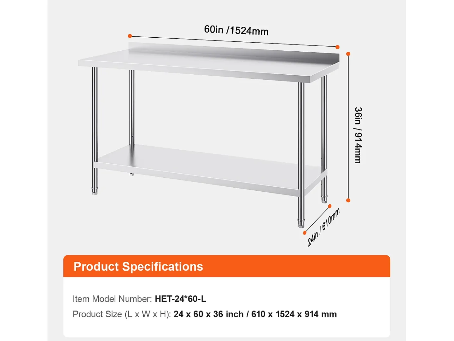 Mesa de Trabajo de Cocina SucceBuy, Mesa de Trabajo en Acero Inoxidable 60.96x152.4 cm, Comercial