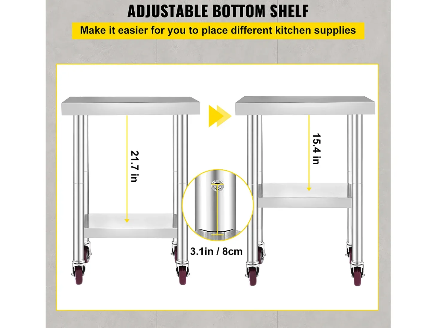 Mesa de Trabajo en Acero Inoxidable SucceBuy, 76x46x86 cm, Capacidad de Carga 100 kg, 4 Rodillos, para Cocina Comercial, Restaurante