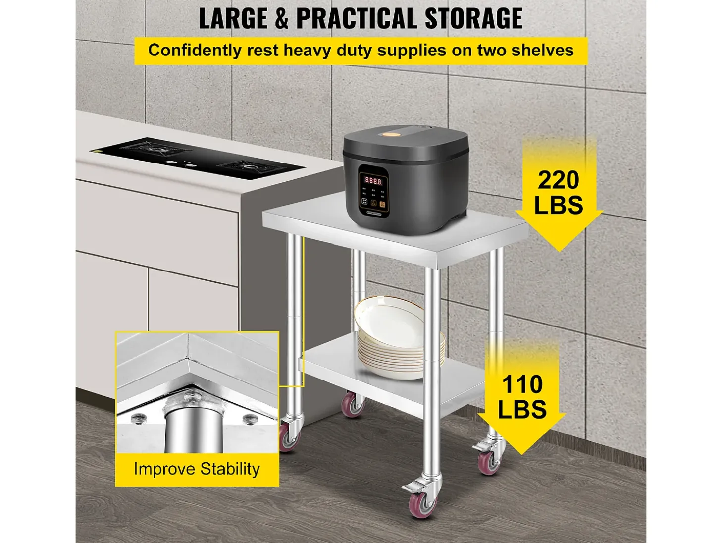 Mesa de Trabajo en Acero Inoxidable SucceBuy, 76x46x86 cm, Capacidad de Carga 100 kg, 4 Rodillos, para Cocina Comercial, Restaurante