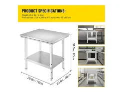 Mesa de Trabajo en Acero Inoxidable 60x76x80 cm, 2 Pisos, para Preparación de Cocina de Alimentos y Comidas, Hoteles, Oficinas, Hospitales