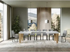Mesa extensible blanca y patas de roble natural para 6 a 12 personas Kristo L 180 a 284 cm-Base y soporte con ruedas