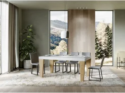 Mesa extensible blanca y patas de roble natural para 6 a 12 personas Kristo L 180 a 284 cm-Base y soporte con ruedas