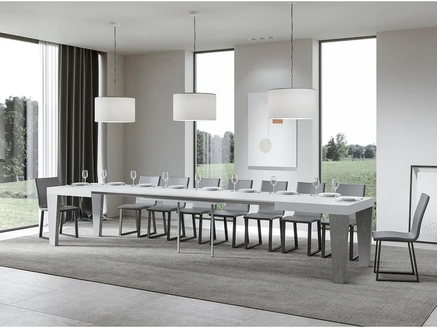 Mesa extensible blanca y patas gris hormigón de 6 a 20 plazas Kristo de 160 a 420 cm-Soporte 2 pies